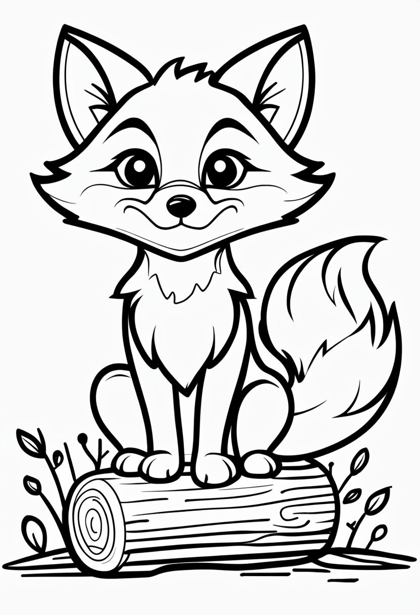 Curious Fox Sitting on Log Line Drawing for Coloring Book Pages