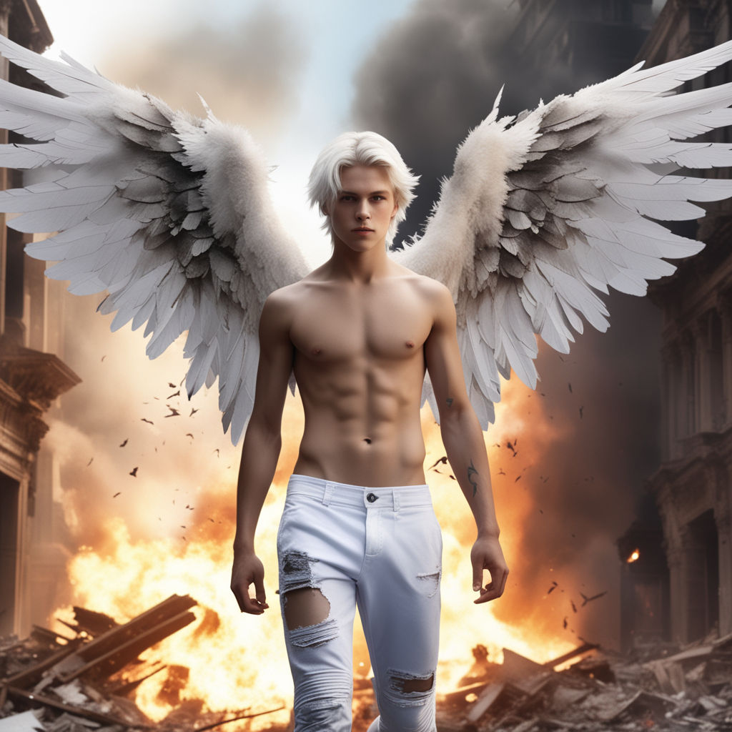 Young male teenager age 17 with wings like an angel looks to the sky and  starts to fly. Have white hair. Good locking blue eyes. Shirtless. He walks  in a destroyed and