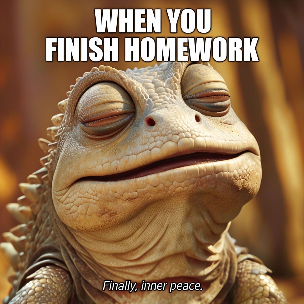 Relaxed Lizard Homework Meme with Comedic Text