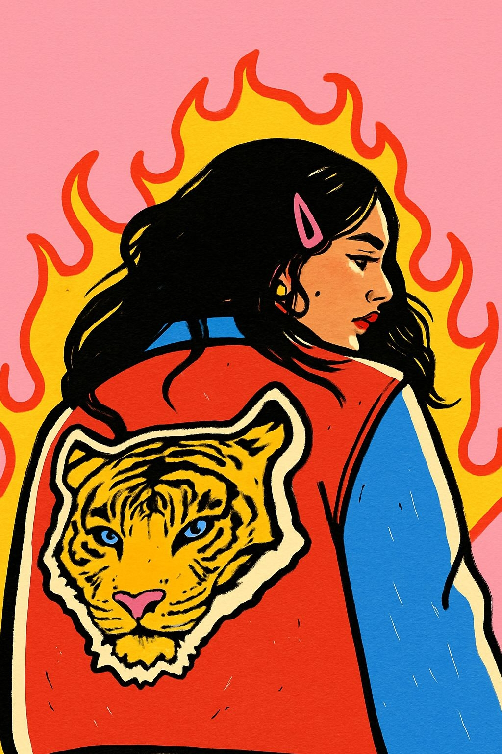 Vibrant Pop Art Woman in Varsity Jacket T-Shirt