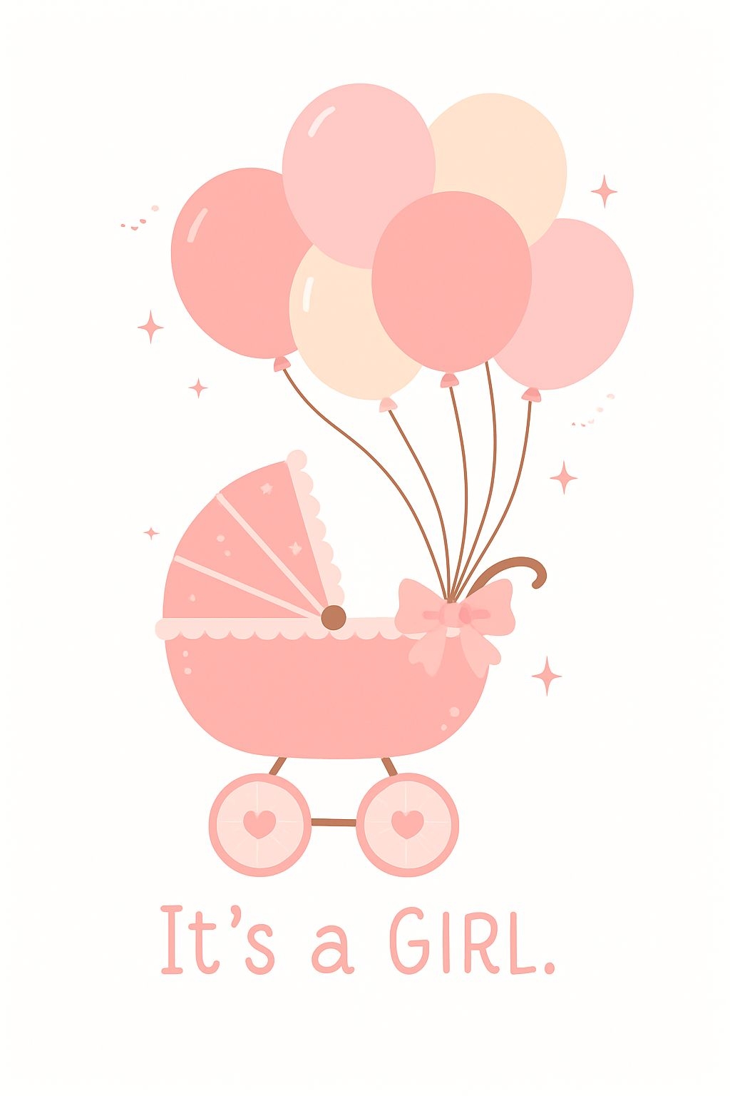 Adorable Pink Baby Stroller Illustration for It's a GIRL Announcement Card