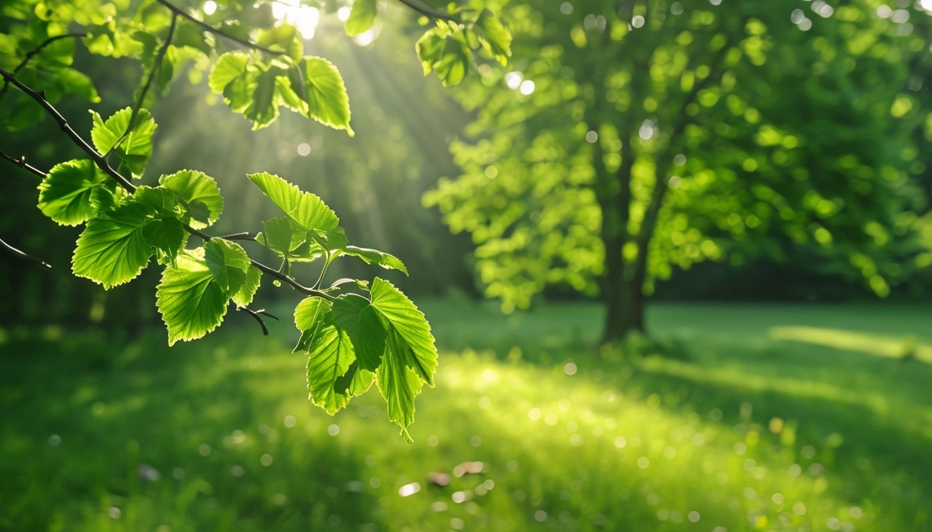 Serene Summer Landscape with Lush Green Leaves Background