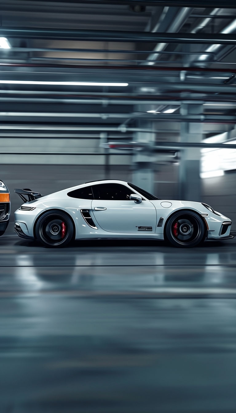 Sleek White Sports Car in Motion with Industrial Background Mobile Wallpaper