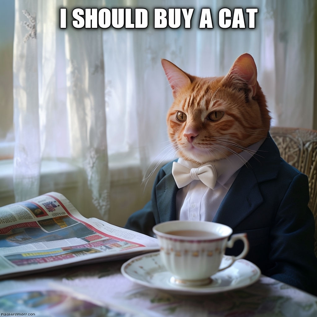 Humorous Orange Tabby Cat in Suit with Teacup Poster