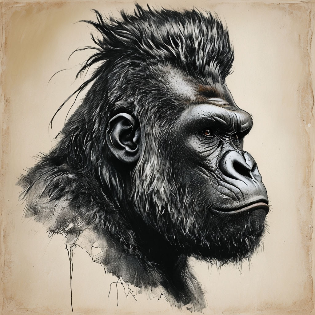 Detailed Black and White Gorilla Head Sketch Art