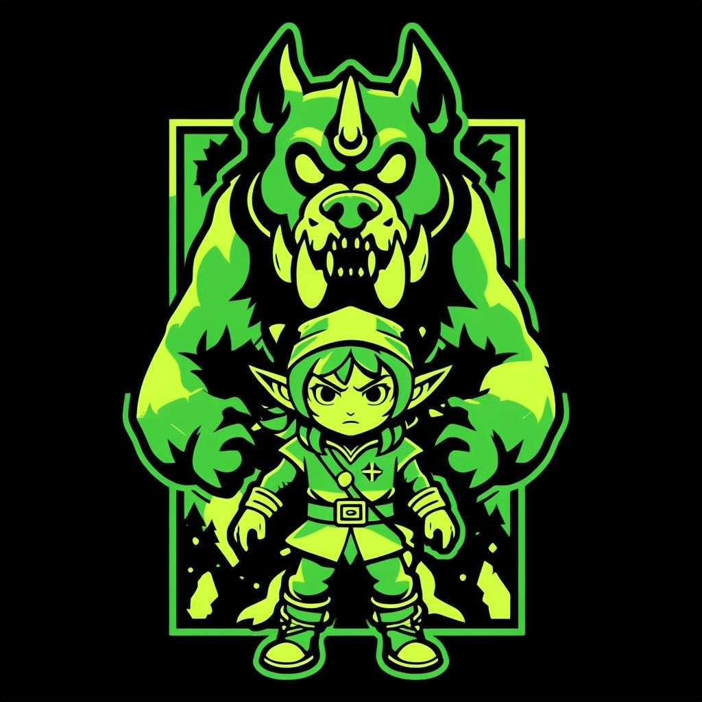 Epic Elf Adventure with Menacing Monster Cartoon T-Shirt