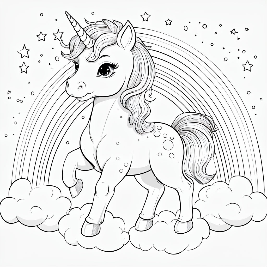 Charming Unicorn on Clouds with Rainbow Arches Art