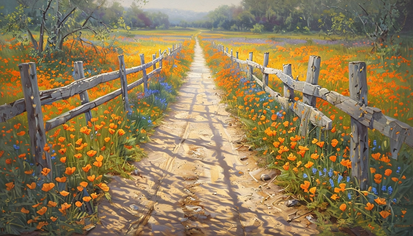 Serene Blooming Wildflower Meadow Landscape Painting Virtual Backgrounds