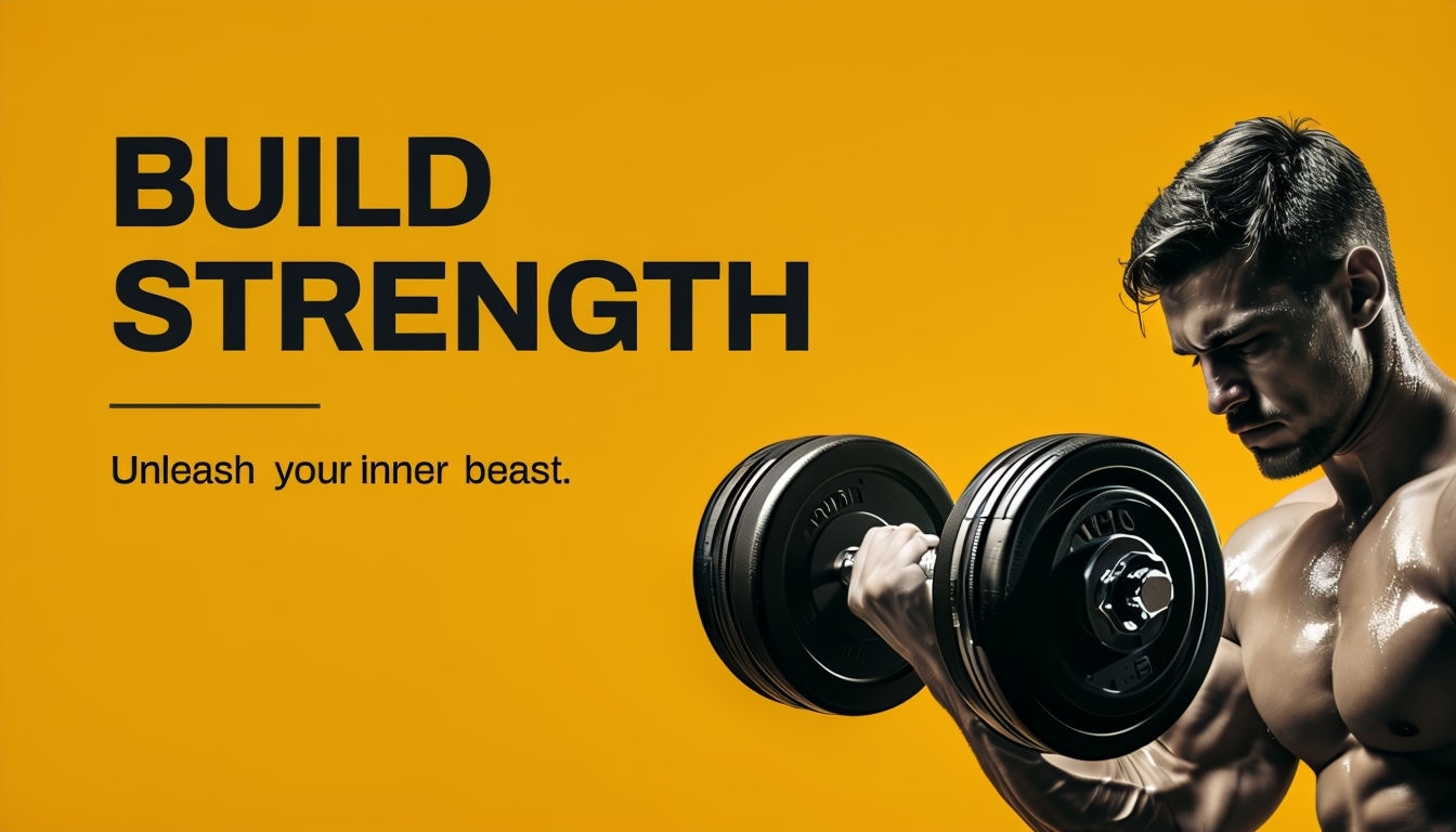 Bold Build Strength Advertisement with Determined Man Flexing Dumbbell Ads