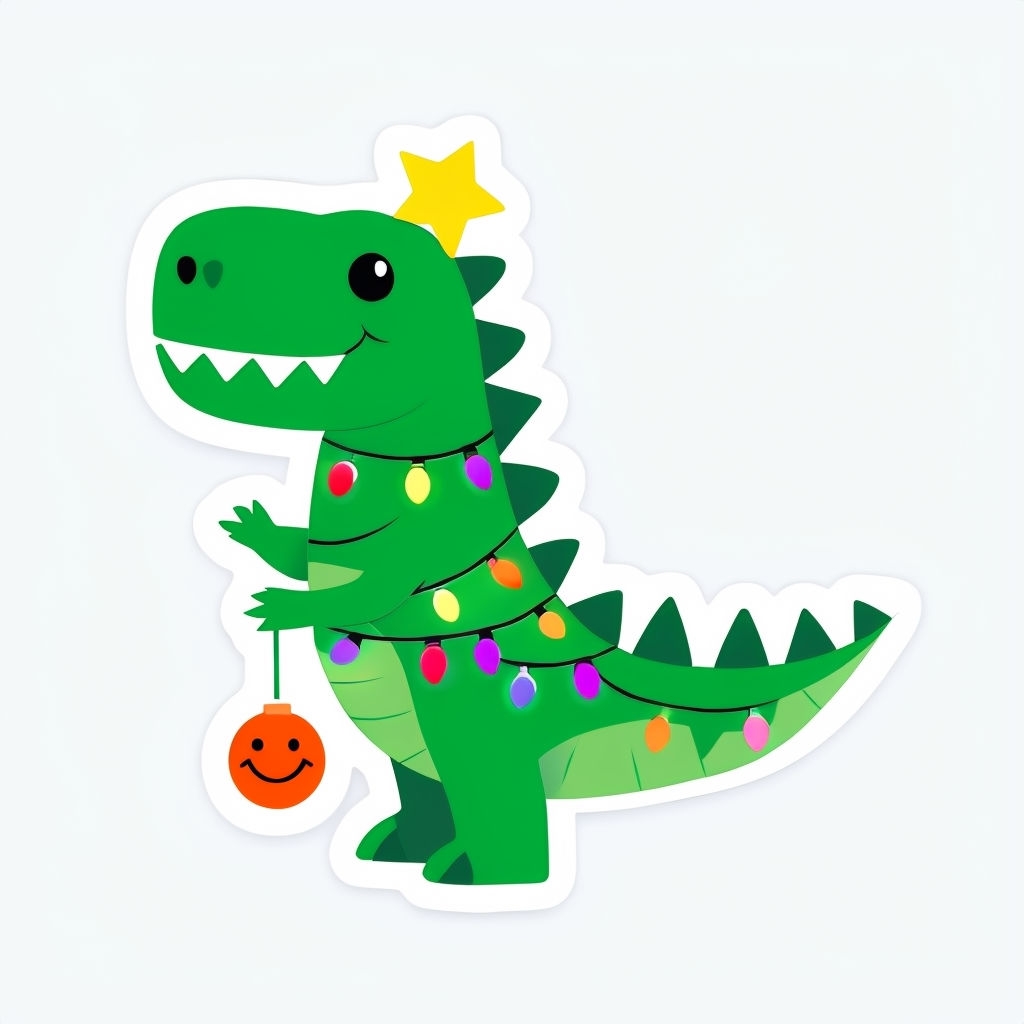 Cheerful Green Dinosaur Holiday Sticker with Colorful Lights