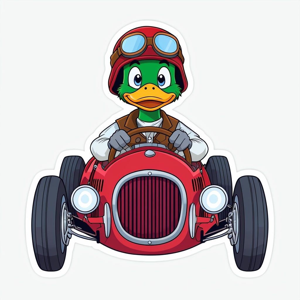 Playful Cartoon Duck Driving Vintage Red Racing Car Sticker