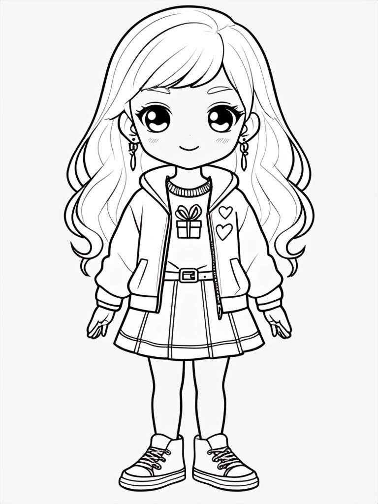 Charming Chibi Girl Line Art Illustration for Coloring Book Pages