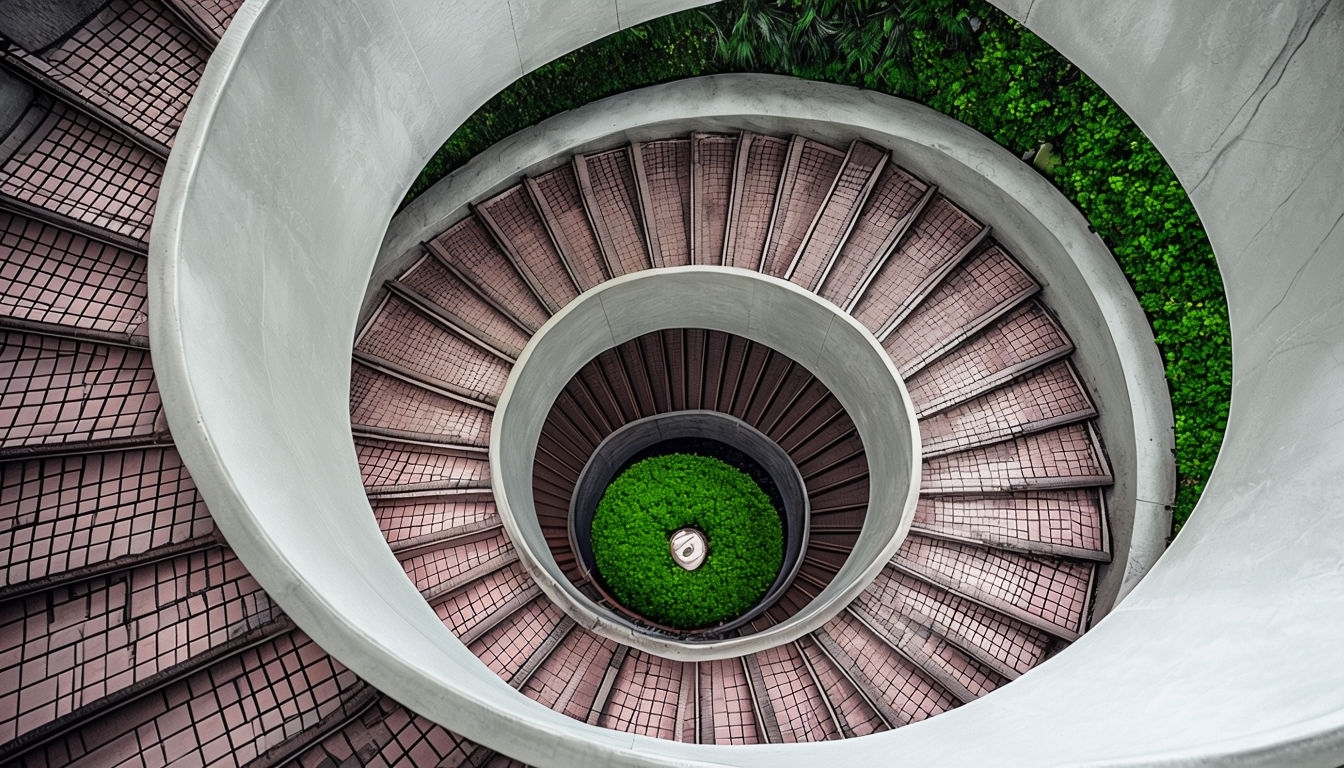 Elegant Spiral Staircase with Lush Greenery Virtual Background