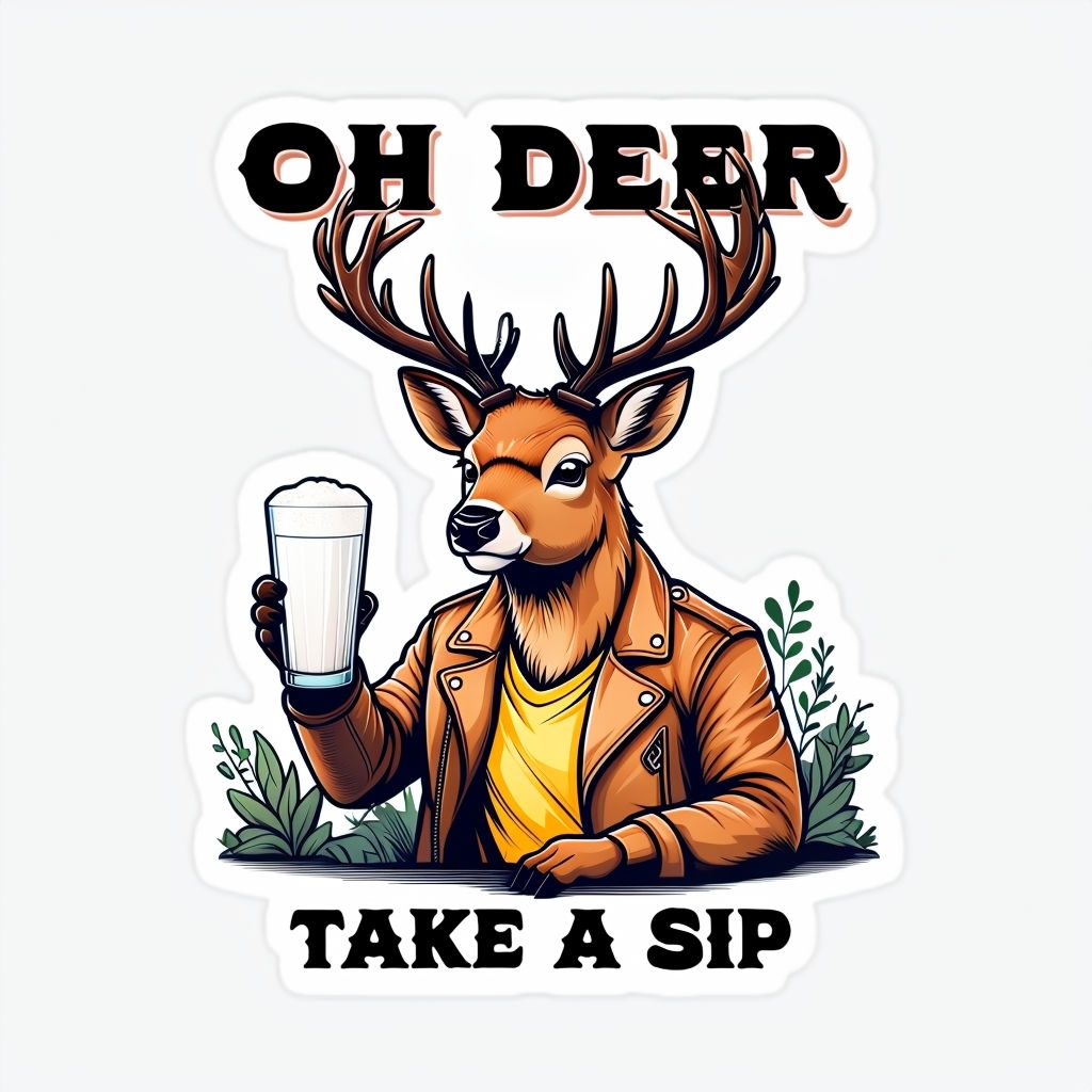 Humorous Anthropomorphic Deer with Milk Cartoon Sticker