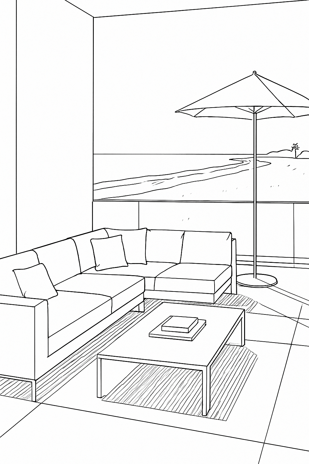 Modern Coastal Outdoor Living Space Coloring Page