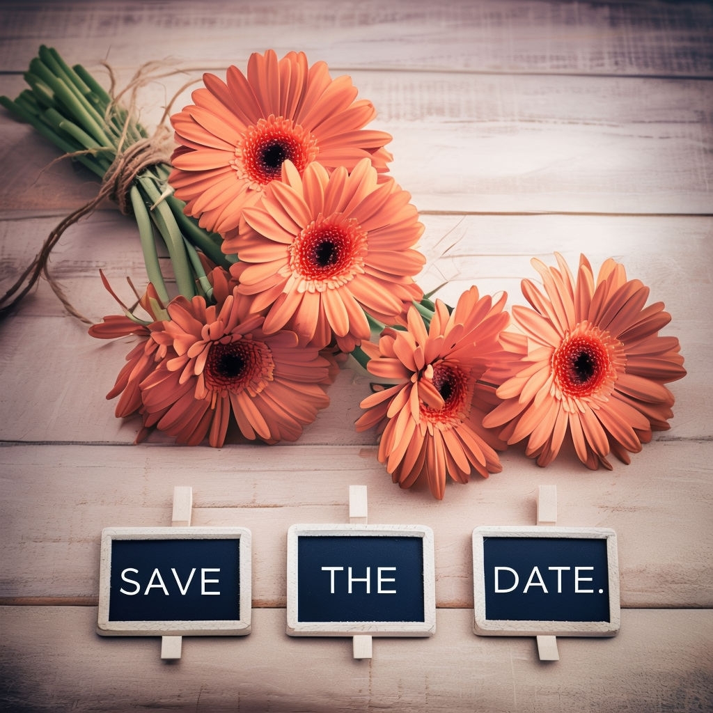 Vibrant Gerbera Daisies with Save the Date Chalkboard Signs Card Invitation