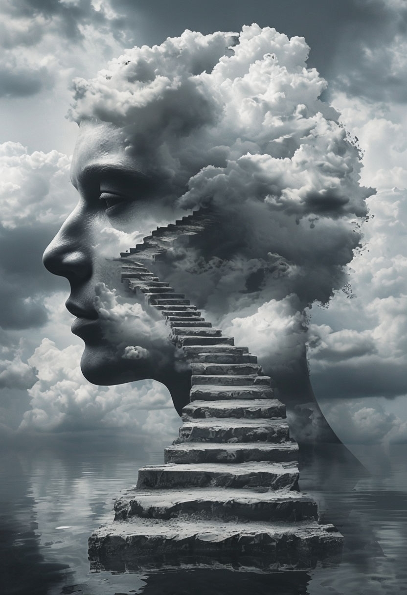 Surreal Human Head in Clouds with Eroded Steps Art