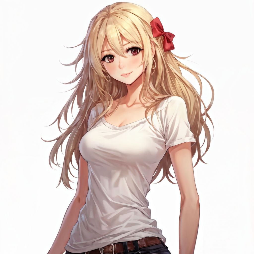 Cute anime girl with tight high waste jeans and blond hair and big boobs