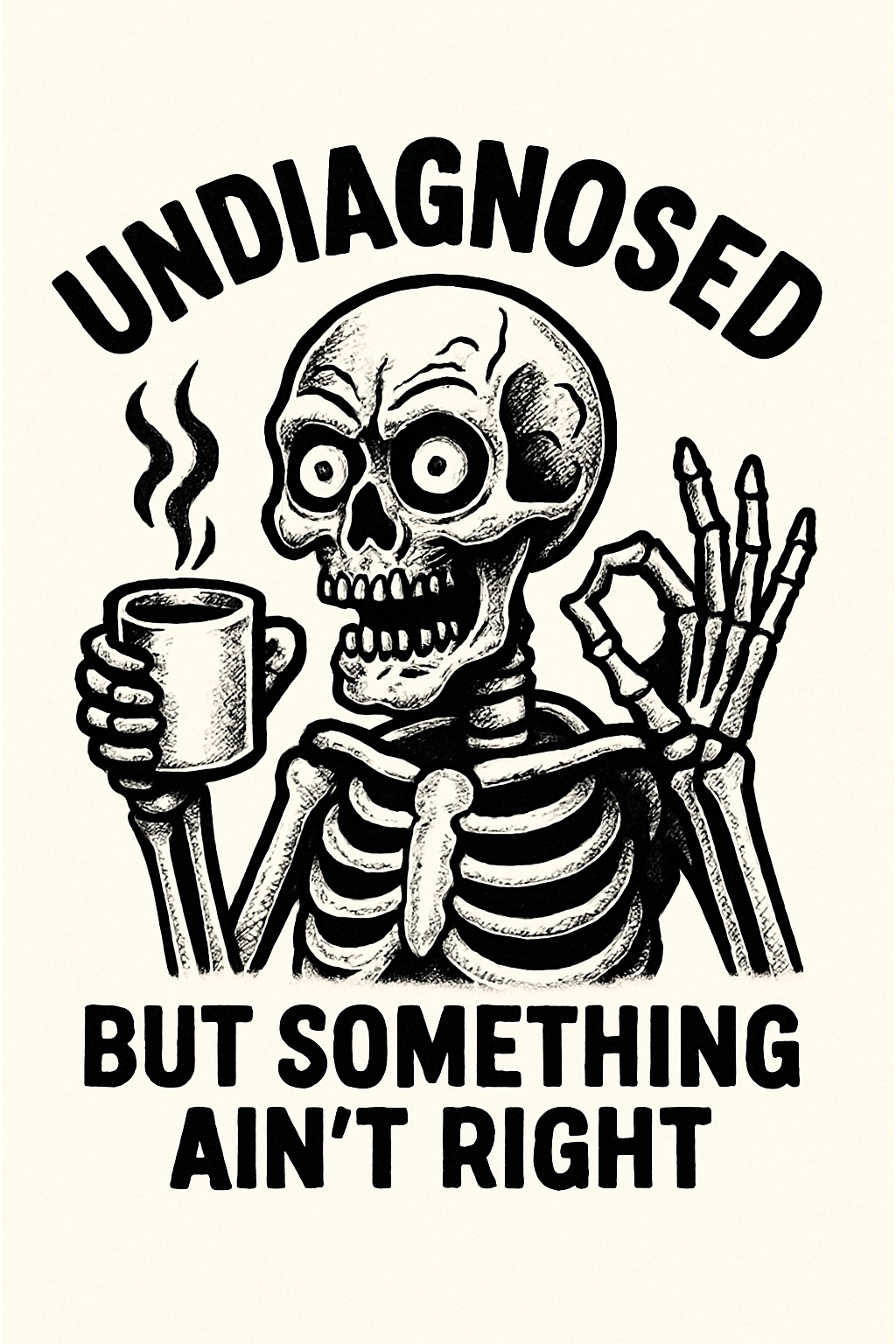 Comical Skeleton with Coffee Vintage Illustration T-Shirt
