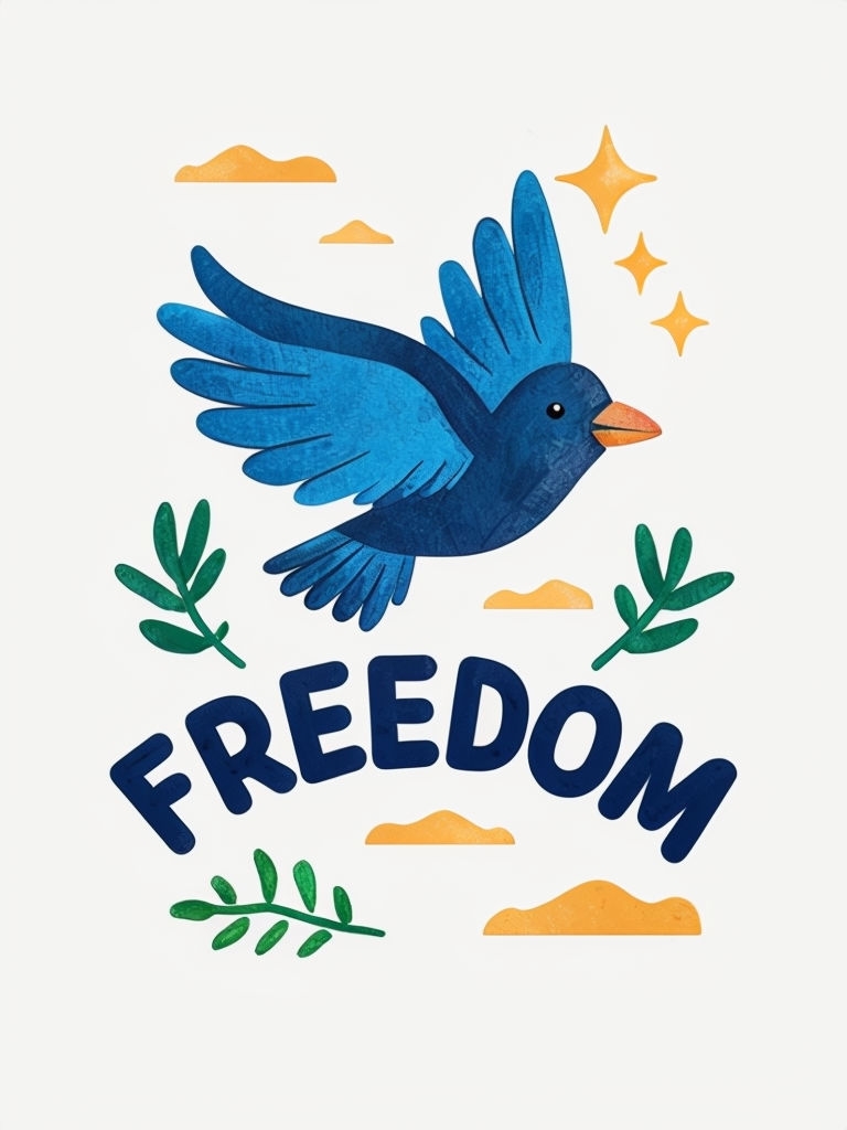 Uplifting Navy Blue Freedom Illustration with Birds and Stars Poster