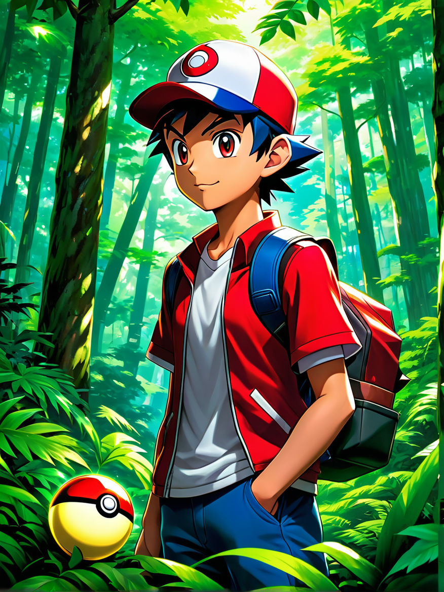 illustration of Ash from Pokemon smiling wearing a white and red nike  sneaker on both feet