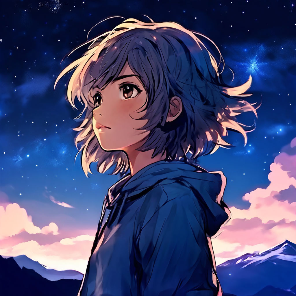 of a cute anime girl with short hair with a background with clouds and a  star