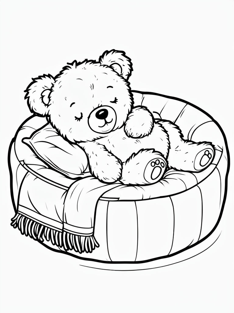 Fluffy Teddy Bear in Cozy Pet Bed Outline for Coloring Book Pages