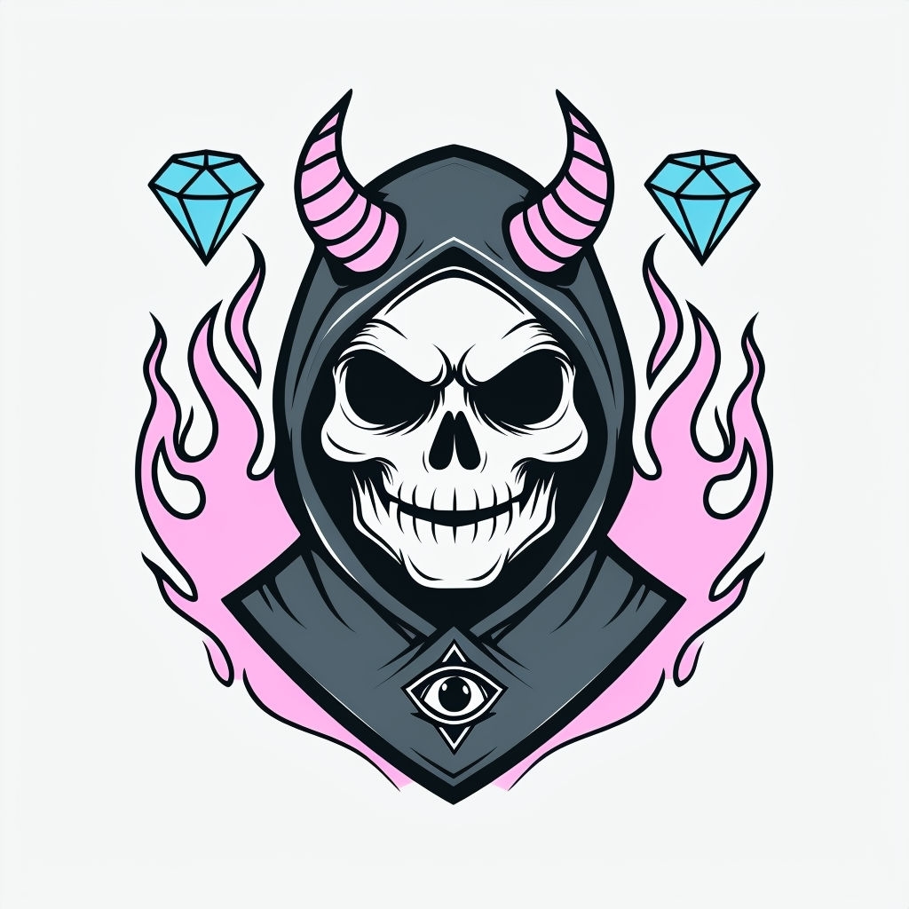 Demonic Skull Figure with Hood and Flames Cartoon Sticker