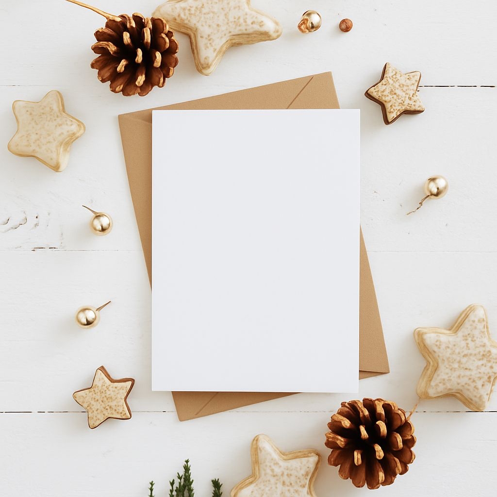 Minimalist Flat Lay of Blank Card and Festive Decorations Mockup