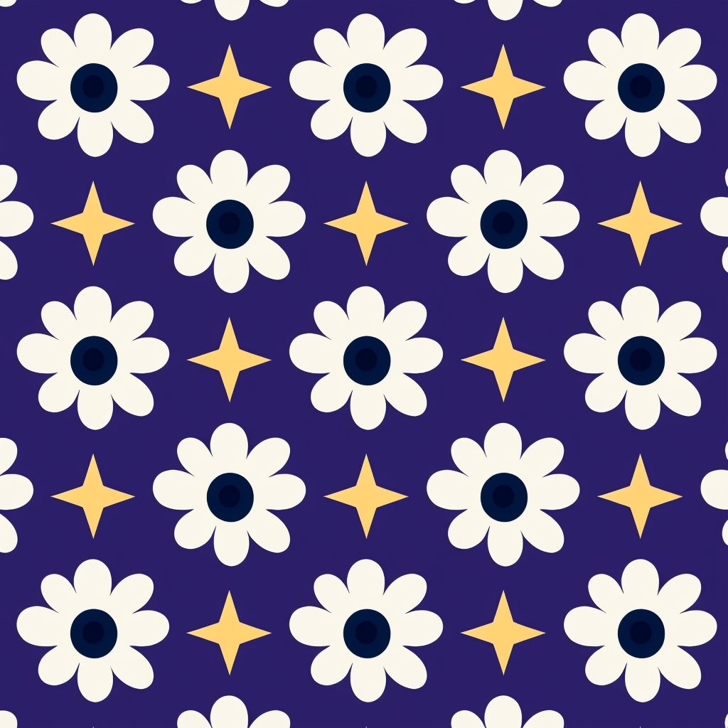 Cheerful White Daisy and Cream Star Pattern on Dark Purple Background Seamless Pattern