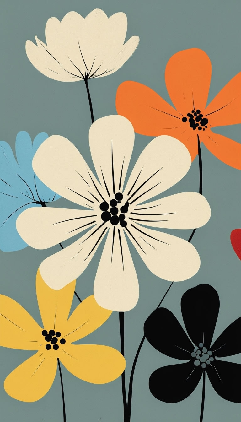 Stylized Abstract Flowers on Teal Background Mobile Wallpaper