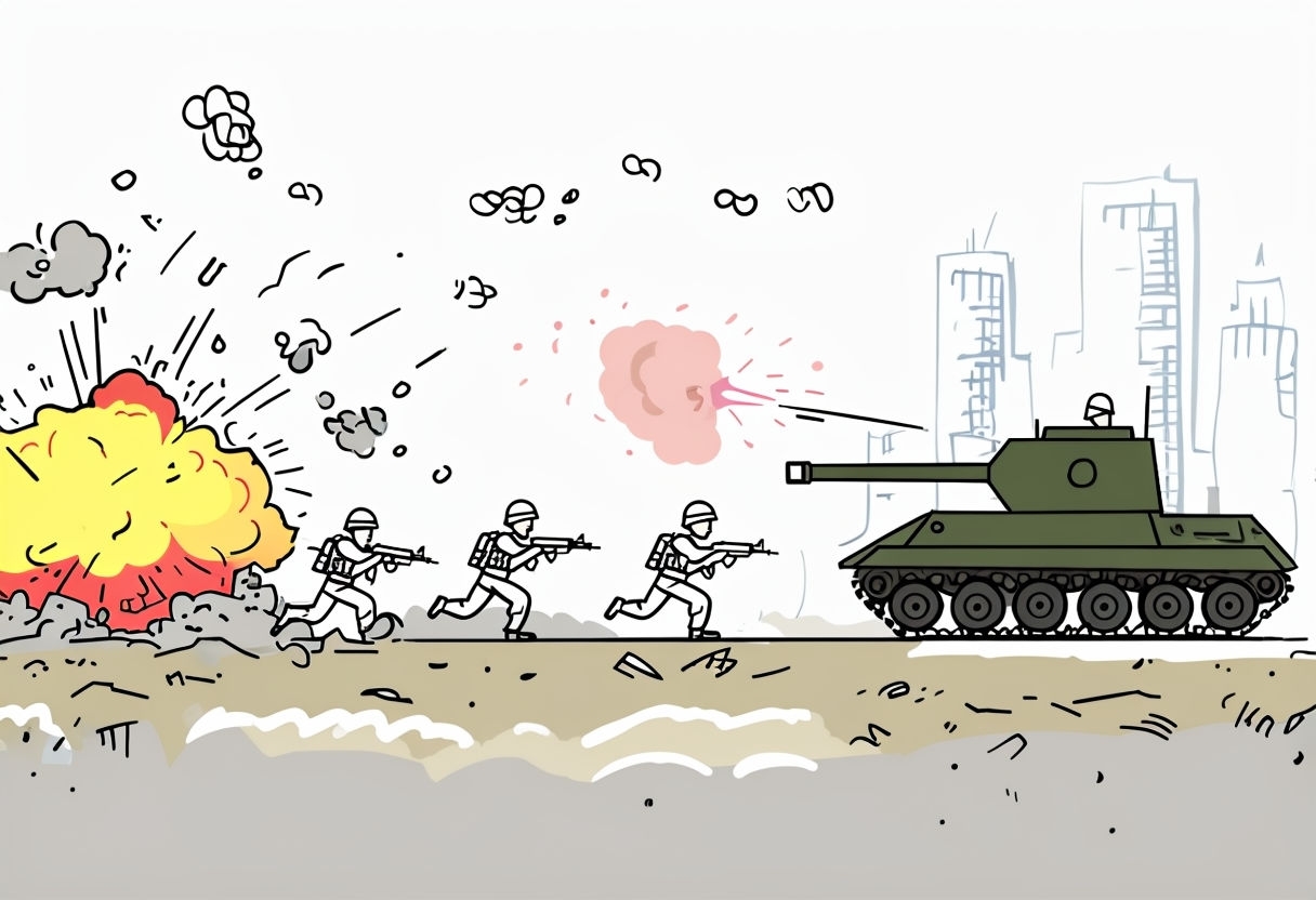 Intense Cartoon Battle Scene with Soldiers and Tank Illustration Art