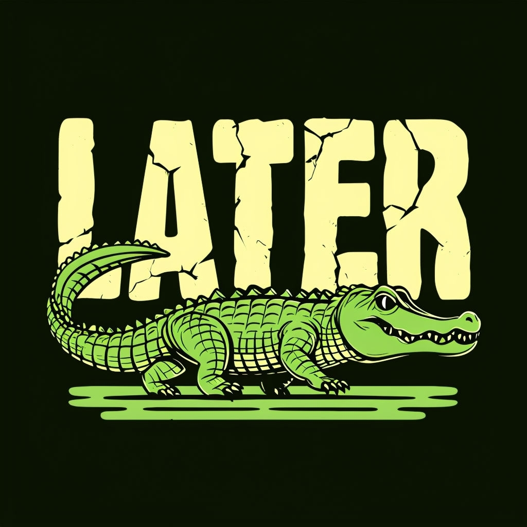 Playful Alligator with 'LATER' Text Cartoon T-Shirt