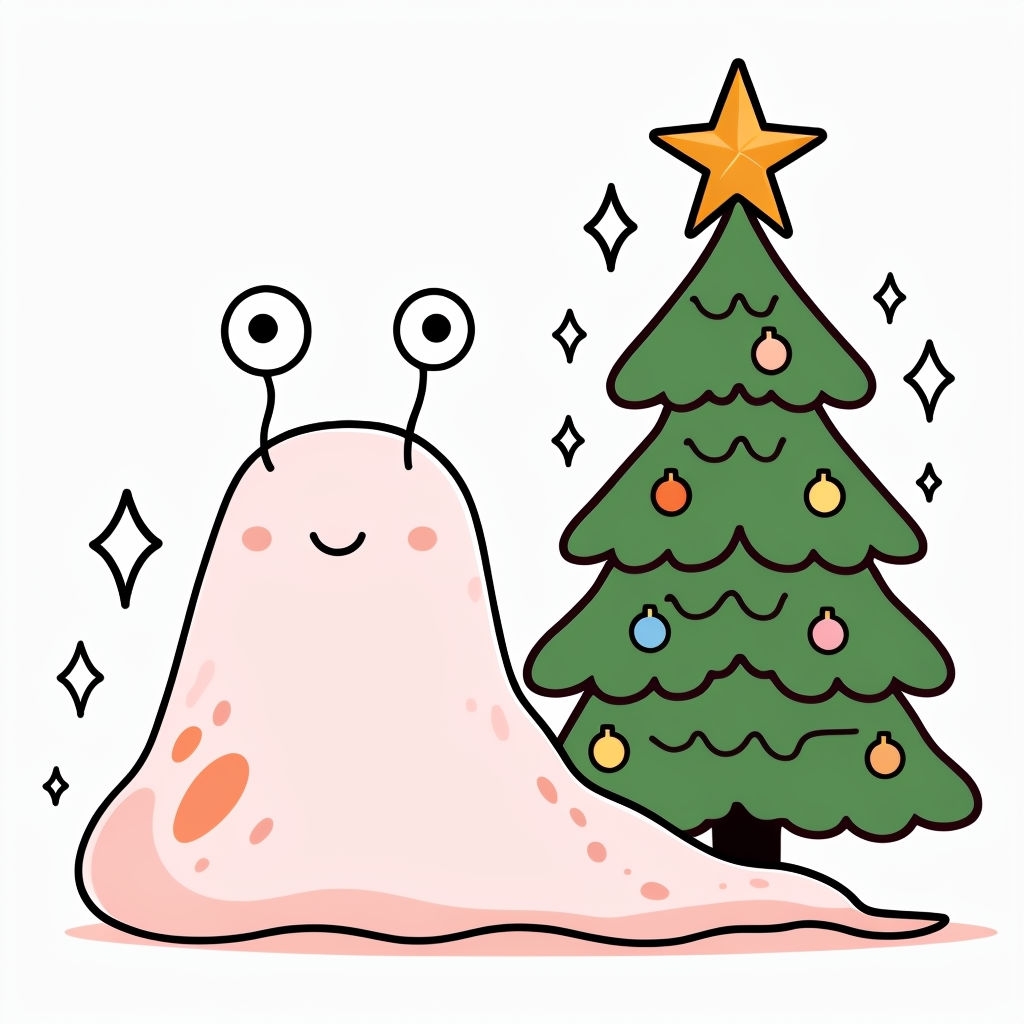 Whimsical Pink Slug and Christmas Tree Cartoon T-Shirt