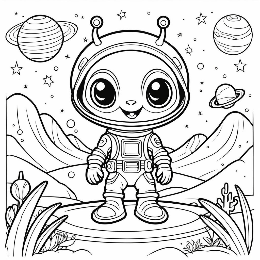 Coloring page of a cute cartoon alien in a planet having fun by Rogerio ...