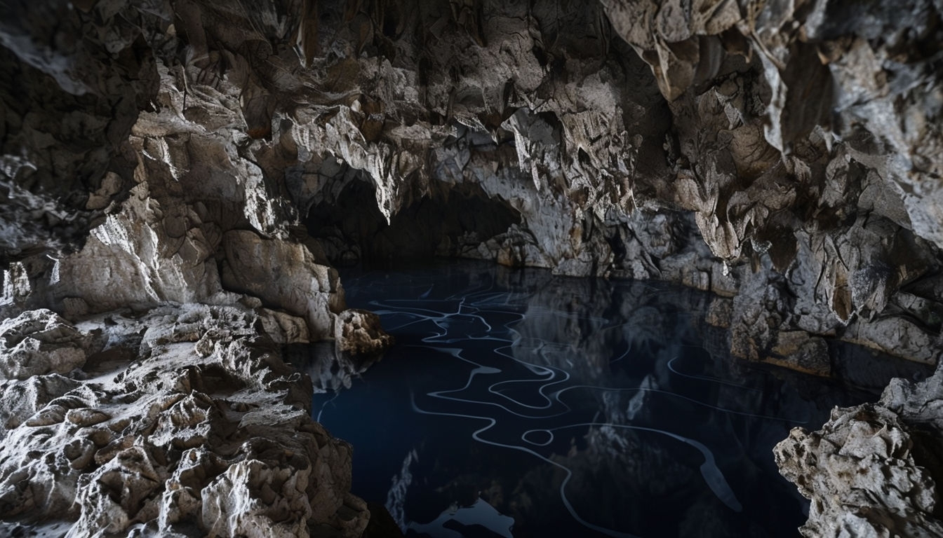 Intricate Cave Interior with Dark Water Reflection Virtual Background