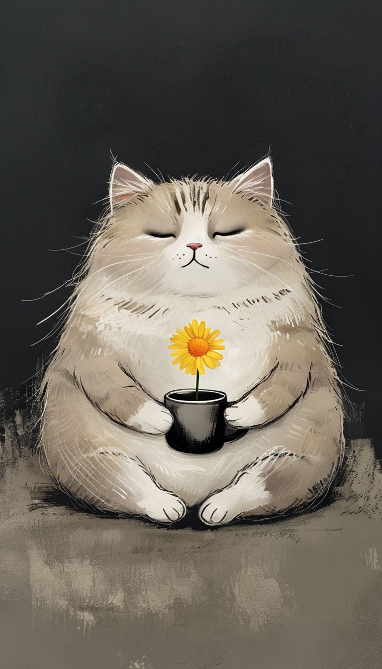 Tranquil Beige Cat with Daisy Mug Minimalist Illustration Phone Case Cover