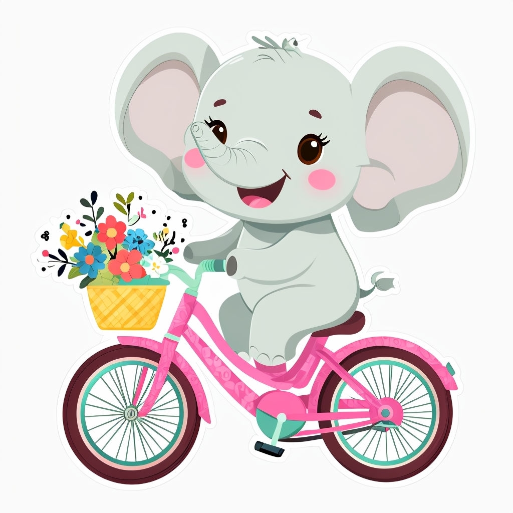 Cheerful Cartoon Elephant on Pink Bicycle Sticker