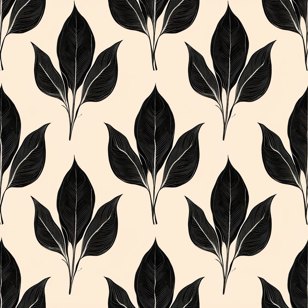 Elegant Black Leaf Seamless Pattern on Pale Beige Background