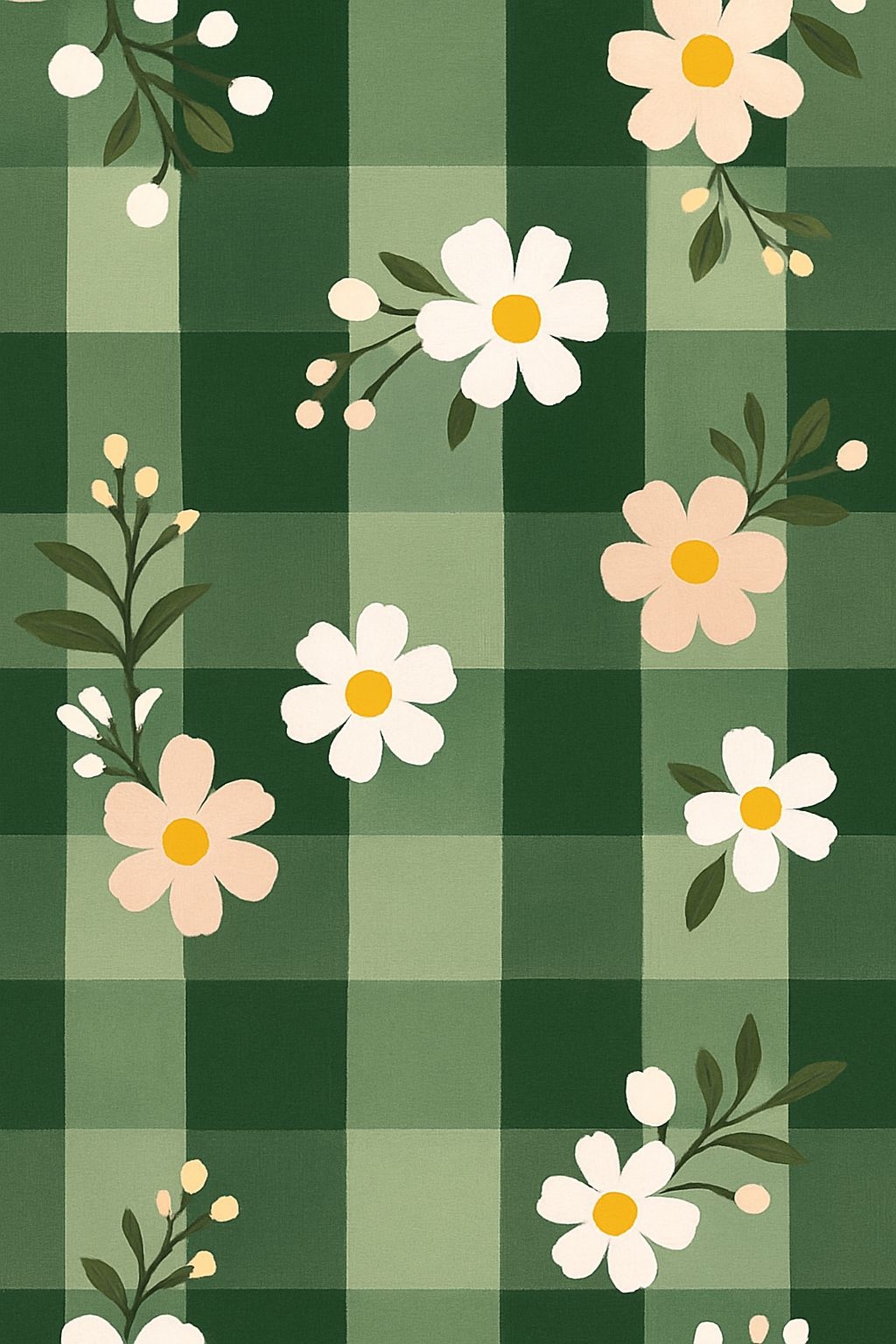 Symmetrical Daisy Flower Vintage Design on Checkered Background Mobile Wallpaper