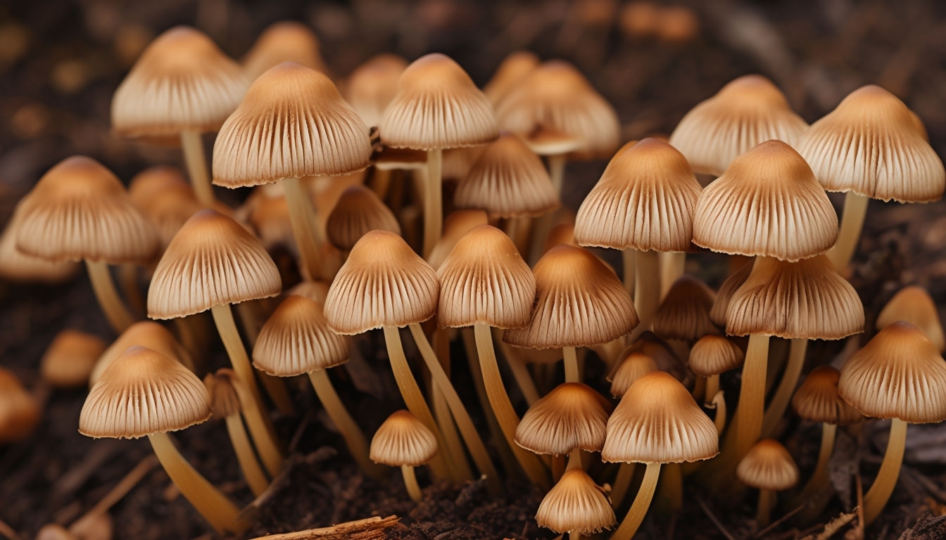 Dense Cluster of Delicacy Mushrooms in Earthy Tones Background