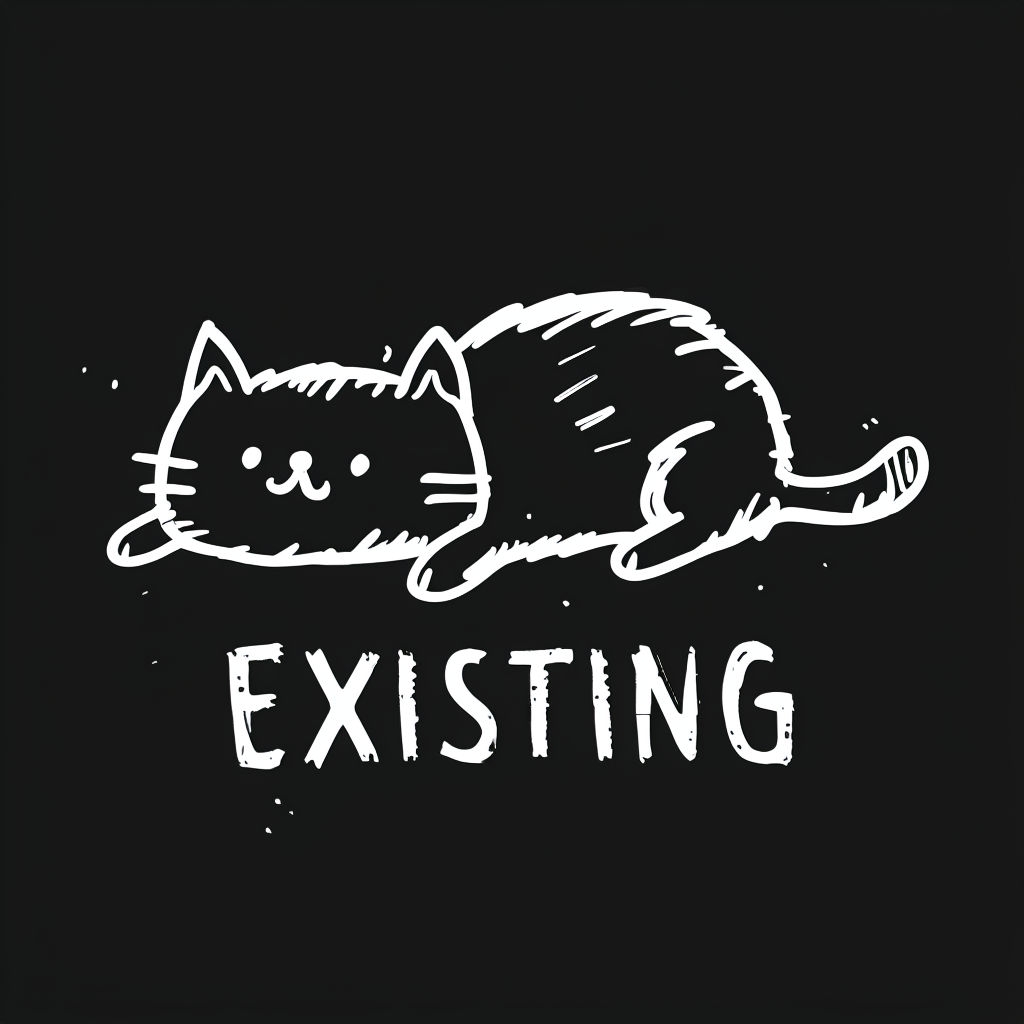 Minimalist Cat Illustration with 'EXISTING' Text T-Shirt