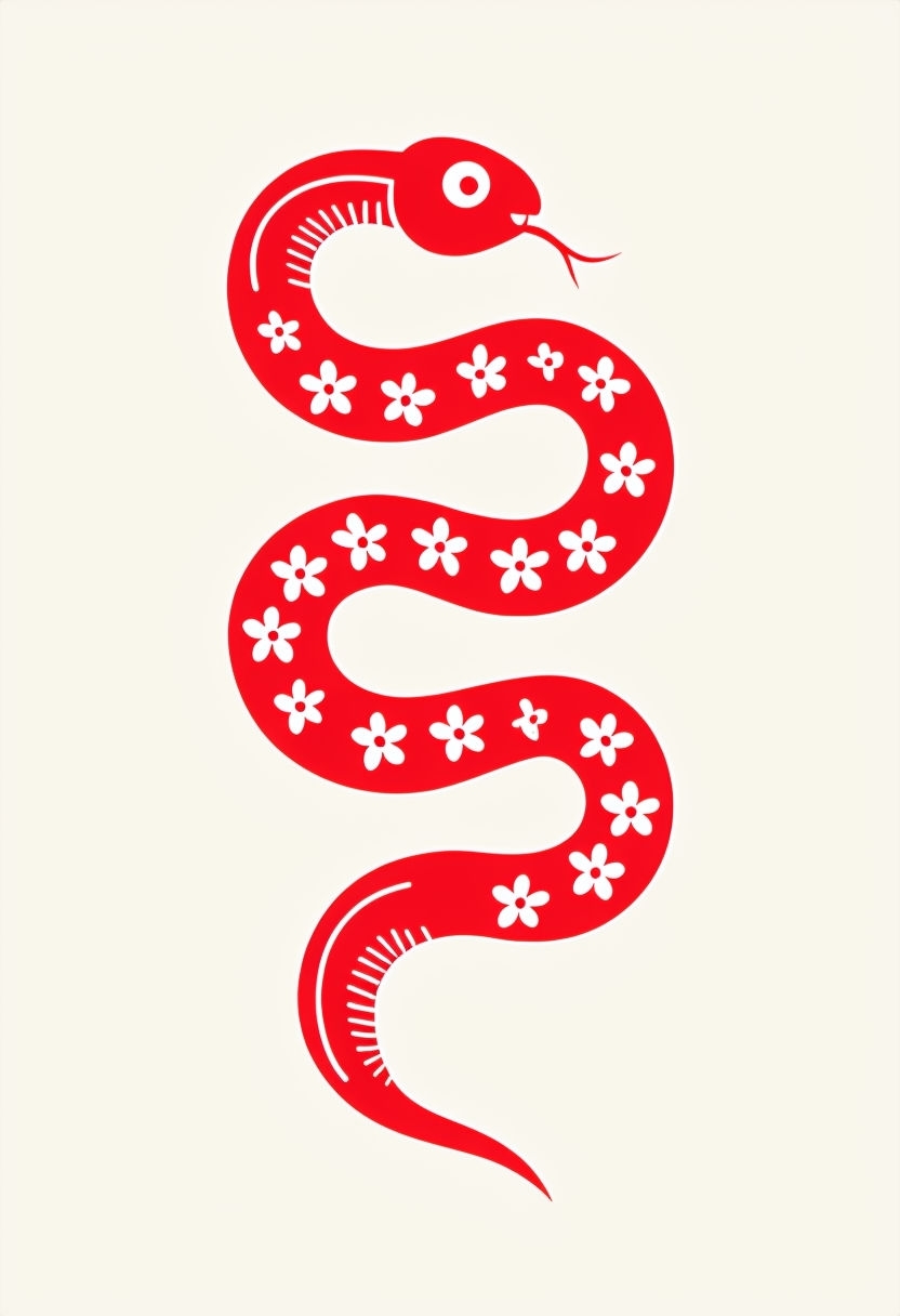 Stylized Red Snake with Floral Patterns T-Shirt