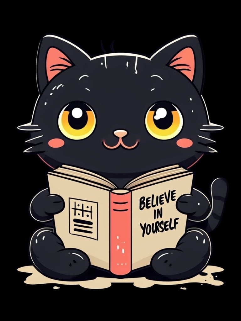 Cute Cartoon Black Cat Reading 'Believe in Yourself' T-shirt