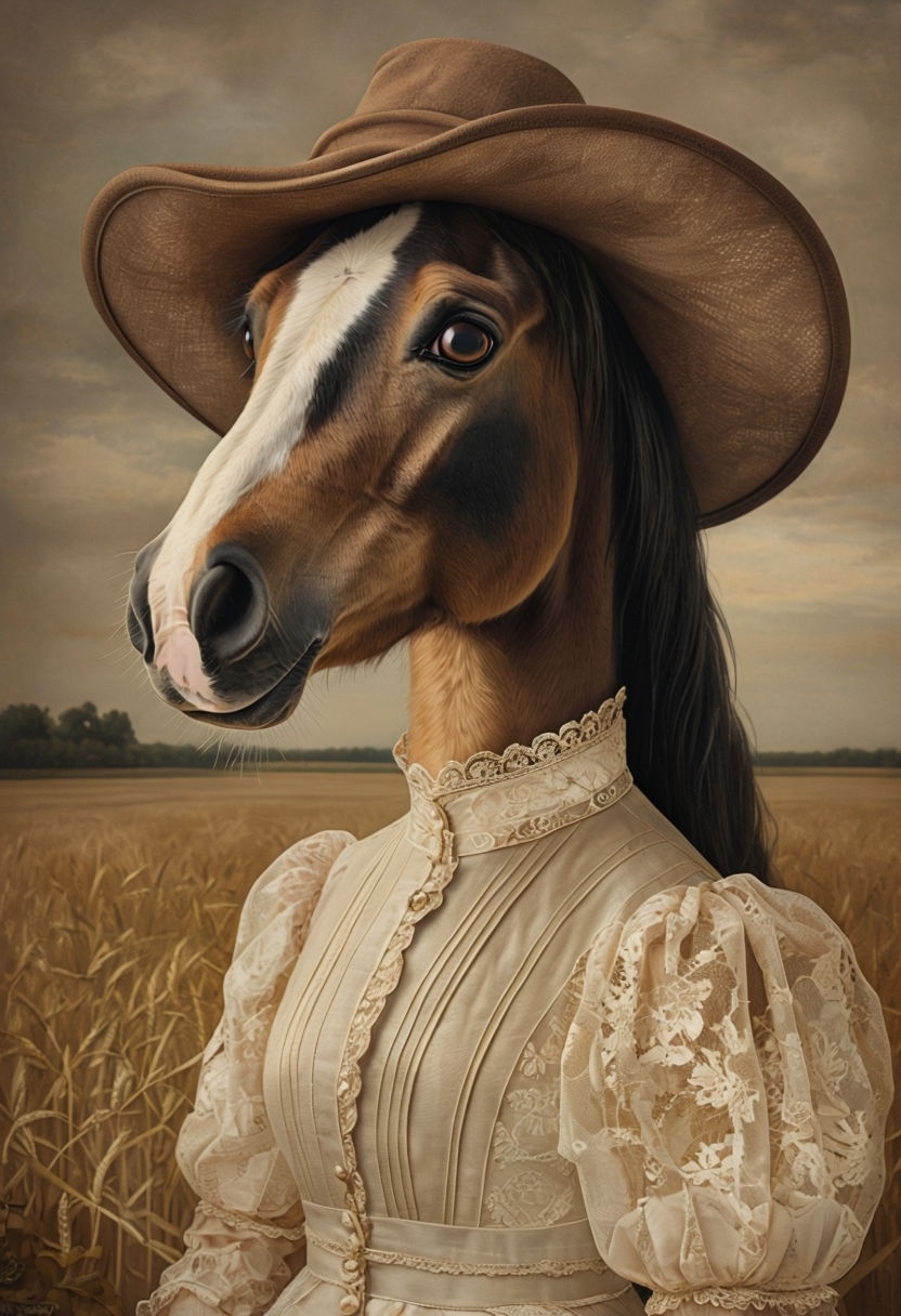 Whimsical Tricolor Horse Portrait in Victorian Lace Dress Art