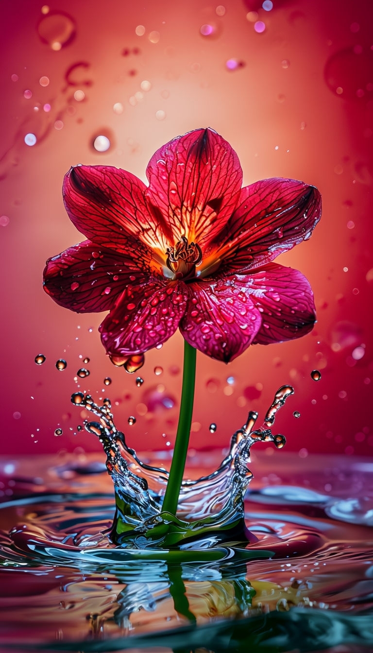 Vibrant Red Flower with Dewy Petals Macro Photography Mobile Wallpaper