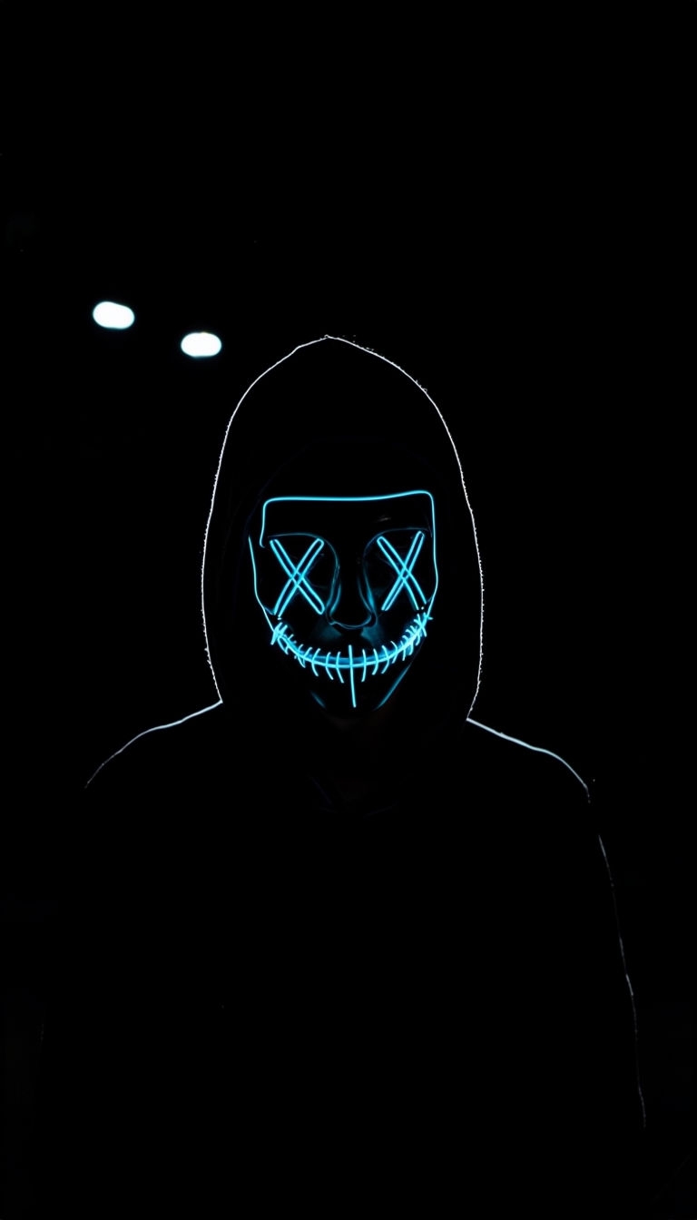 Neon Blue Masked Figure in Dark Environment Mobile Wallpaper