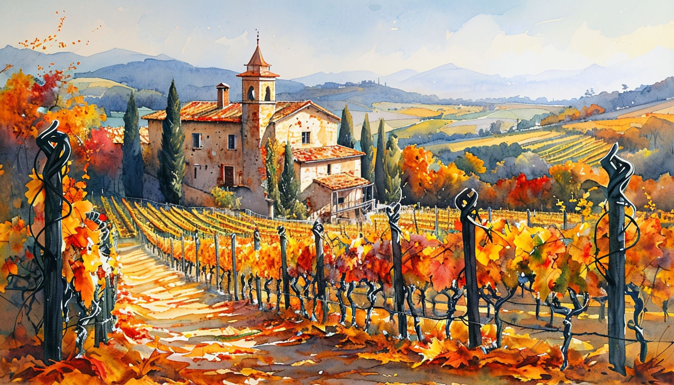 Vibrant Autumn Vineyard Watercolor Landscape Art