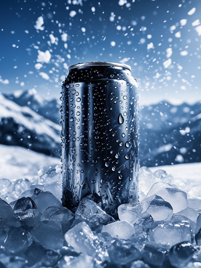 Chilly Black Aluminum Soda Can on Ice and Snow Photograph Mockup