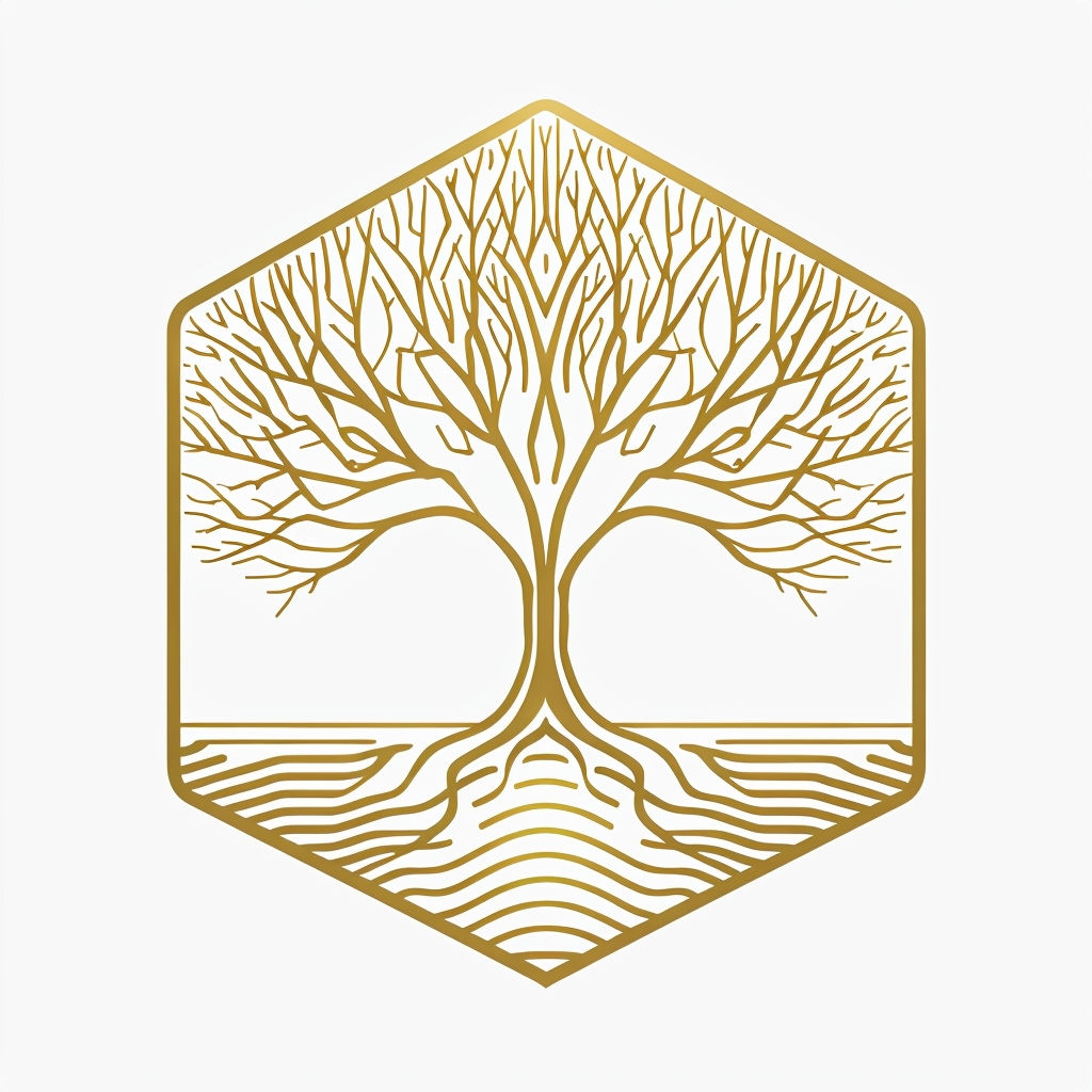 Elegant Gold Tree Logo with Hexagonal Design